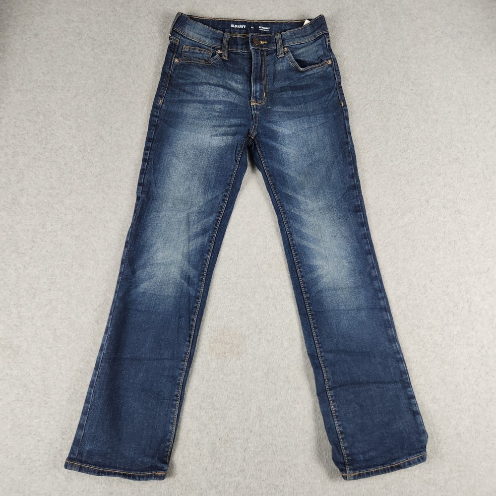 Old Navy Straight Built-In Flex Jeans Boys 12 Blue Denim Whiskered Dark Wash